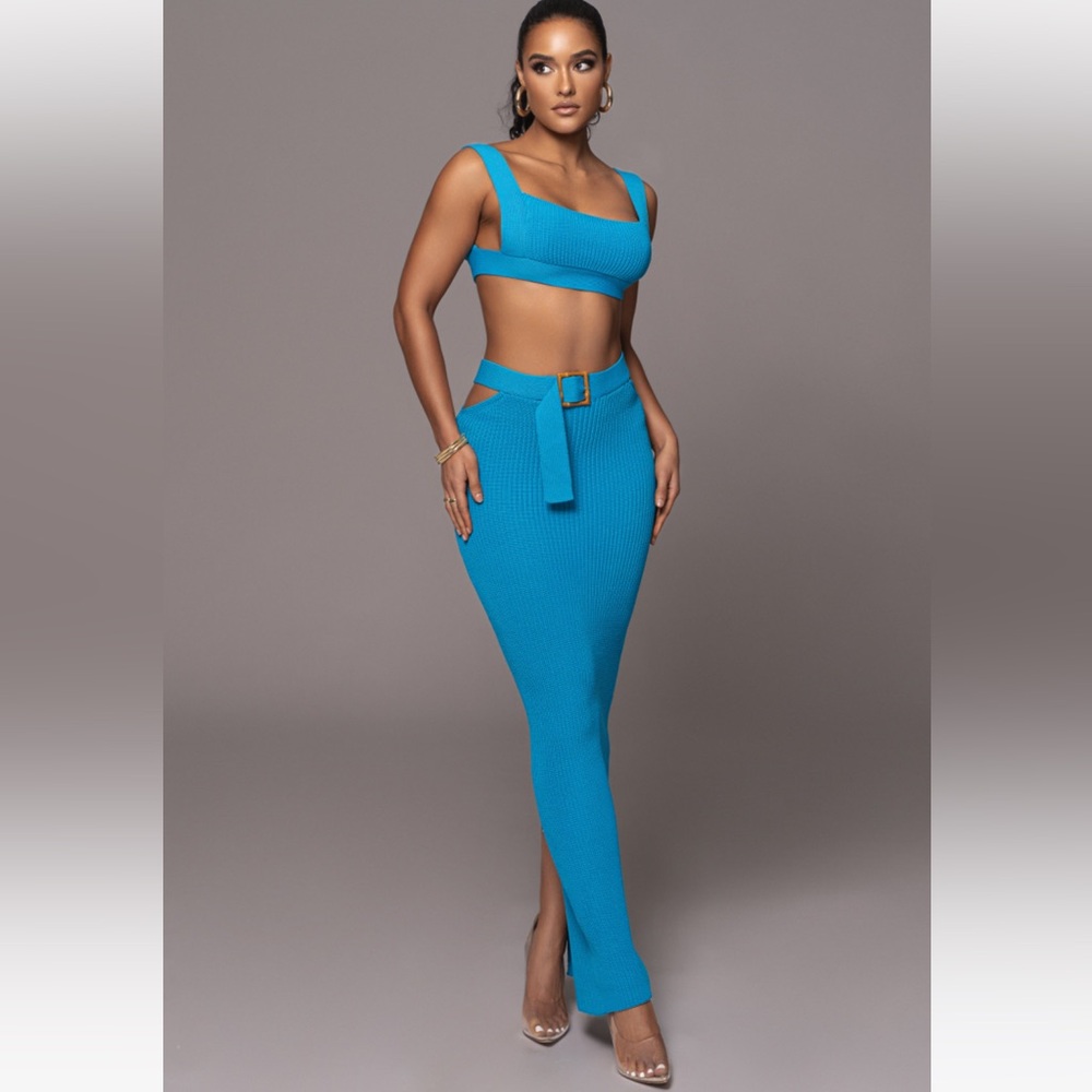 J Lux Label Blue Nikole Ribbed Skirt Set